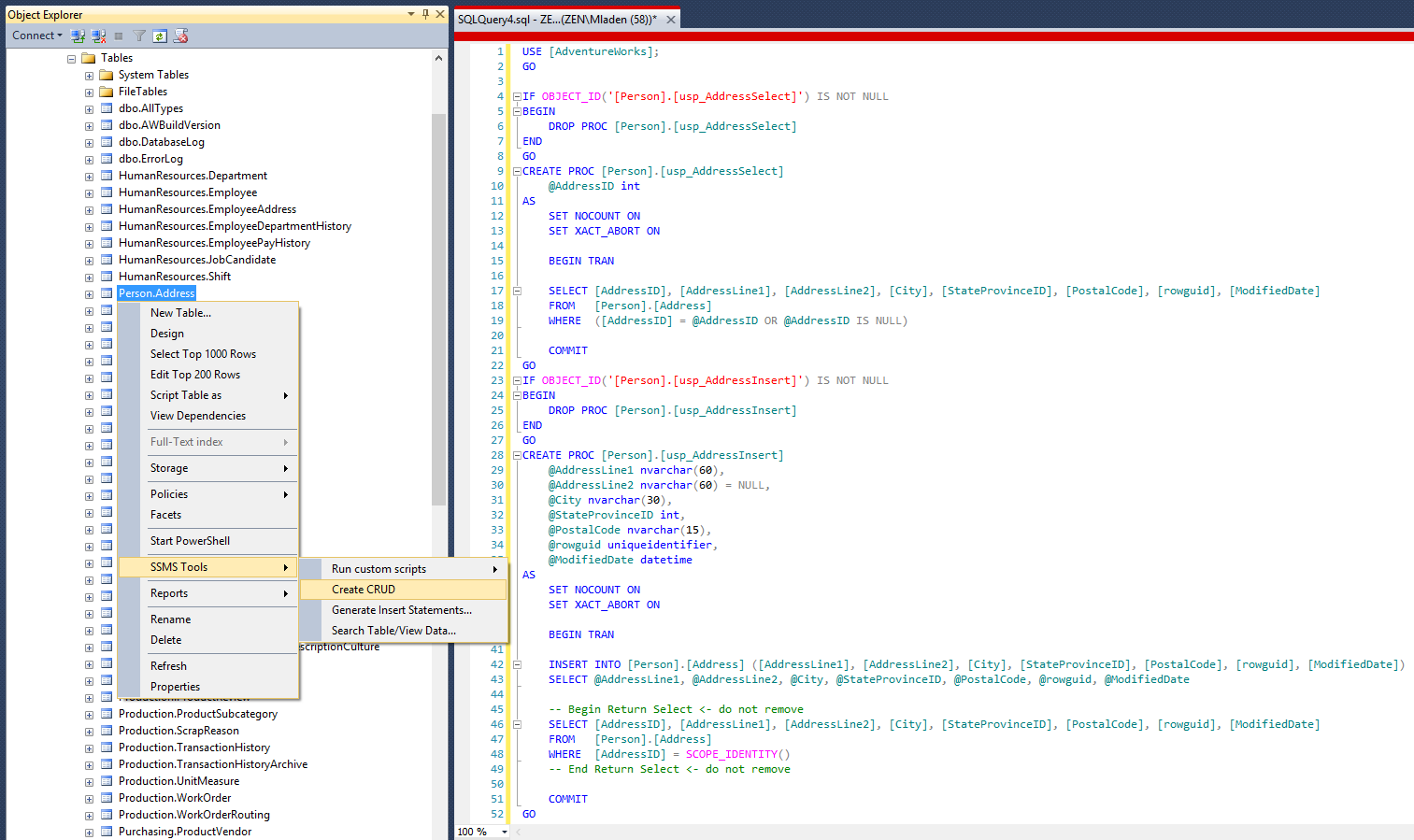 Screenshot of CRUD generation in SSMS Tools